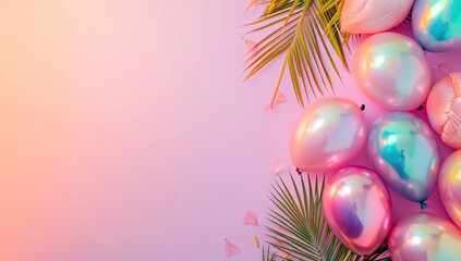 Holiday background with pink and blue balloons, palm leaves