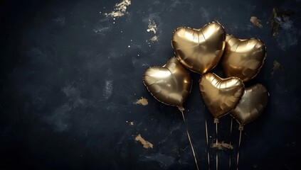 Obraz na płótnie Canvas Golden heart-shaped balloons on a dark background. Valentine's day concept.