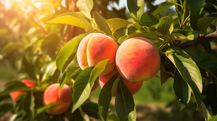 delicious peaches on a branch in the garden.Generative AI