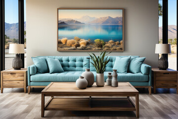 Elevate your living space with light blue and aqua sofas surrounding a wooden table. 