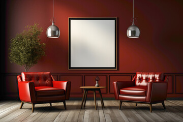 Step into a room adorned with two chairs in brown, white, and red tones, set against a blank wall with an empty frame. 