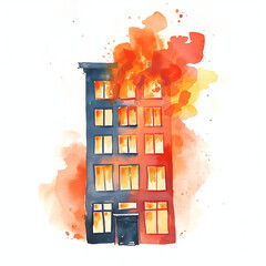 火事、燃えるビル、震災、被災地、地震、二次災害、水彩イラスト、手書き © keisuke