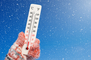 White celsius scale thermometer in hand. Ambient temperature minus 23 degrees celsius - obrazy, fototapety, plakaty