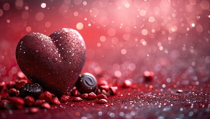 Fototapeta premium Valentines day background with red heart and chocolate candies.