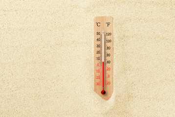 Hot summer day. Celsius and fahrenheit scale thermometer in the sand. Ambient temperature plus 7 degrees - obrazy, fototapety, plakaty