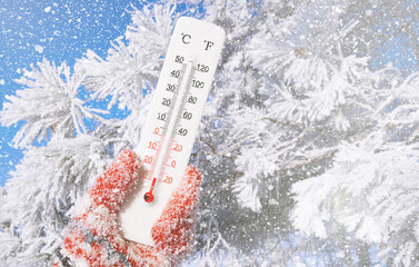 White celsius scale thermometer in hand. Ambient temperature minus 28 degrees celsius
