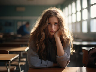 Pensive Teenage Girl in Classroom Setting