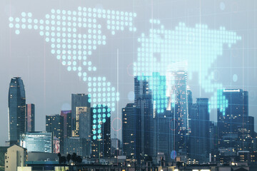 Fototapeta na wymiar Multi exposure of abstract graphic world map hologram on Los Angeles office buildings background, connection and communication concept