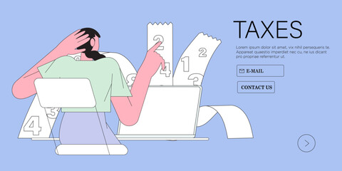 Tax time vector illustration. Character preparing documents for tax calculation, making income tax return and calculating business invoices. Taxation concept. Online accountant service for business.