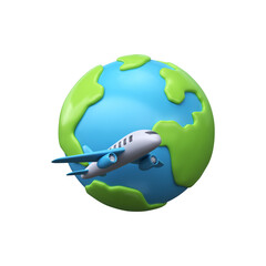 3D icon of an airplane flying around the world. Travel concepts