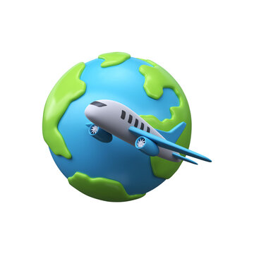 Airplane flies around planet Earth. 3D world travel icon