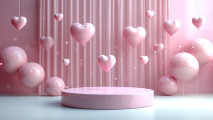 Valentine's Day background with pink podium and hearts 3D rendering