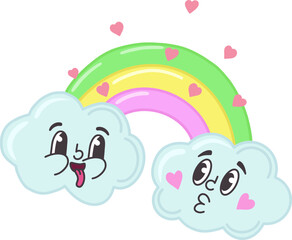 Vector illustration of a rainbow, clouds with hearts. Clouds in love on a background of rainbows and hearts. Retro rainbow and hearts, positive emotions, super cute design