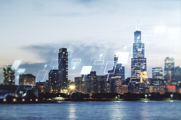 Fototapeta na wymiar Multi exposure of abstract virtual financial graph hologram on Chicago skyline background, forex and investment concept