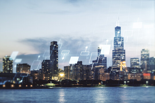 Multi exposure of abstract virtual financial graph hologram on Chicago skyline background, forex and investment concept