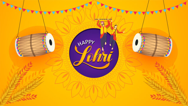 Dynamic Beats and Radiant Vibes Celebrating Lohri with Traditional Dhol Sounds. A Vivid Poster Illuminated by Cultural Colors, Joyful Drums, and Heartfelt Wishes for a 'Happy' Festival