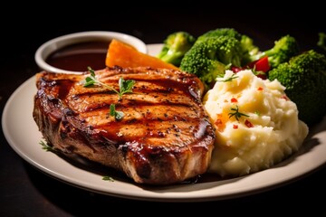 ork chops, mashed potatoes and vegetable salad .