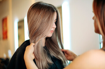 Fototapeta premium Female hairdresser smearing dye on hair of woman while working in beauty salon