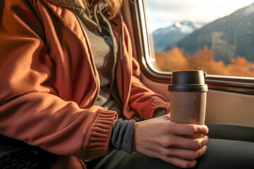 Morning commute: Young woman holding a cup of coffee in a train.