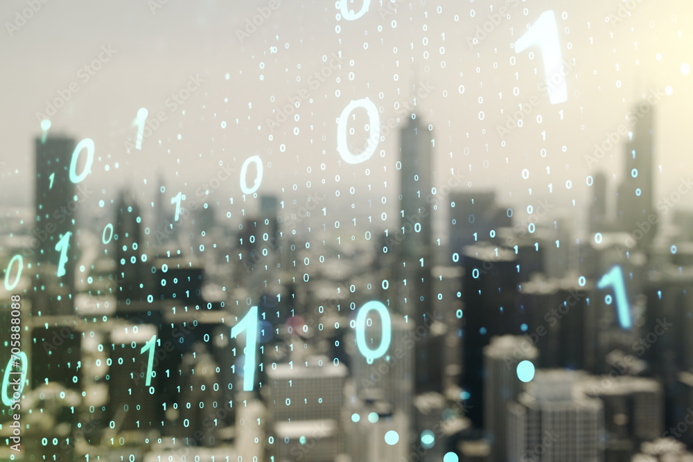 Leinwandbilder abstract virtual binary code sketch on blurry office buildings background, hacking and matrix concep