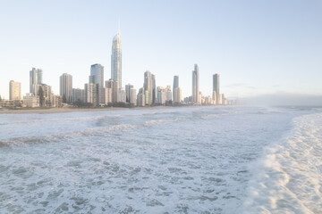 surfers paradise at sunrise by drone from the ocean
