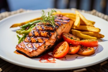 Salmon steak with vegetables and fries on light background. Freshly grilled. Healthy dinner. Mediterranean Diet.