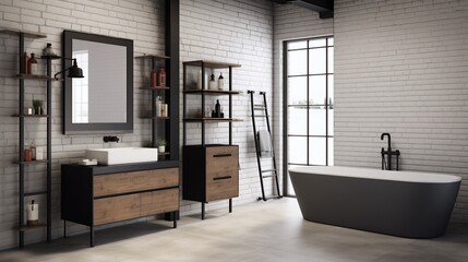 Industrial loft style bathroom background,There are white brick wall and polished concrete floor decorate with black steel tube,Furnished wood furniture.