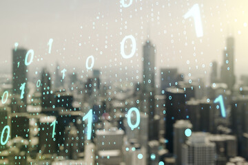 Abstract virtual binary code sketch on blurry office buildings background, hacking and matrix...