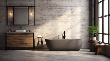 Industrial loft style bathroom background,There are white brick wall and polished concrete floor...