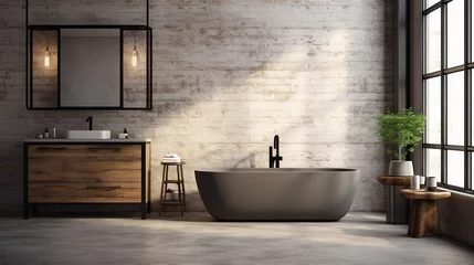 Fotobehang Industrial loft style bathroom background,There are white brick wall and polished concrete floor decorate with black steel tube,Furnished wood furniture. © BackgroundHolic