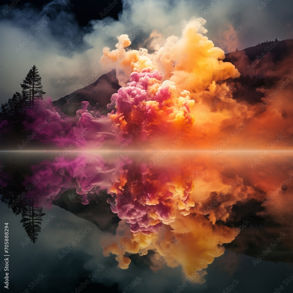 Aufkleber fiery explosion on the background of the forest lake with reflection in the water.
