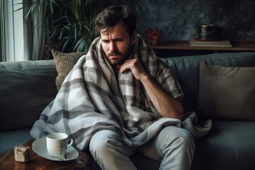 Obraz premium Sick man on the sofa at home drinking a hot drink and covered with a blanket. Concept of illness