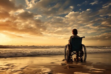 Fototapeta na wymiar Child in wheelchair looking out to sea on the shore of a beach at sunset