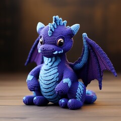 Cute blue dragon toy on wooden background. Selective focus.AI.