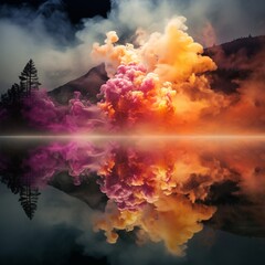 Fiery explosion on the background of the forest lake with reflection in the water. 