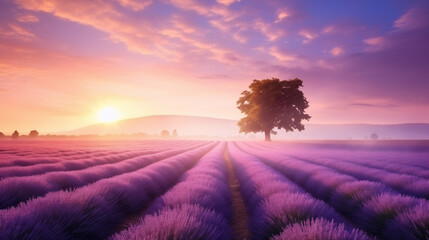 Fototapeta premium Wonderful amazing summer landscape of blooming lavender flowers, peaceful sunset view, agriculture scenic. Idyllic and serene countryside landscape with a stunning lavender field at foggy sunrise.