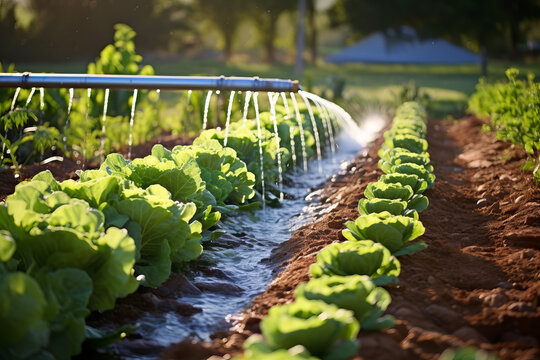 Garden Irrigation System Conserving Water A garden using a sustainable irrigation system that conserves water, demonstrating practical methods to reduce water wastage  Generative AI, 
