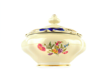 Porcelain box for sweets isolated on a white background. German vintage porcelain.