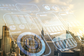 Multi exposure of abstract virtual graphic data spreadsheet sketch on Manhattan cityscape background, analytics and analysis concept