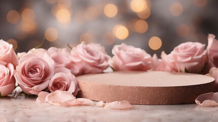 Product display podium with pink roses. Valentine's day concept.