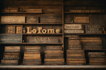 Ai generate image of wooden signs that have been decorated with various words and symbols. The signs  have a rustic and vintage look, with faded and chipped paint. 