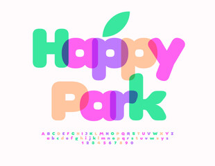 Vector modern flyer Happy Park. Children cute Font. Colorful Creative Alphabet Letters and Numbers set.