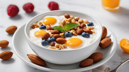 A bowl of yogurt nuts breakfast on white background