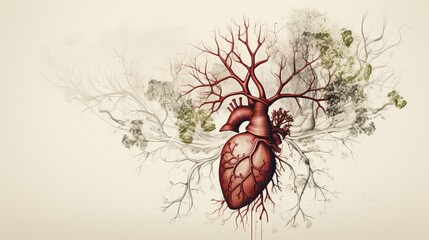 Intricate anatomical illustration showcasing the human heart and its network of coronary arteries - obrazy, fototapety, plakaty