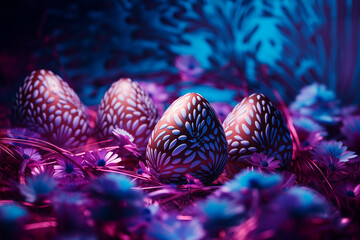 Futuristic Easter chocolate eggs with abstract floral illuminated patterns in neon pink and blue colors light with flowers. Trendy cosmic background. Festive Easter hunt concept.