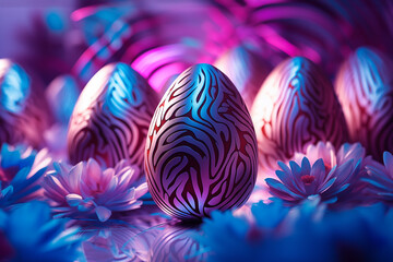 Futuristic Easter chocolate eggs with abstract floral illuminated patterns in neon pink and blue colors light with flowers. Trendy cosmic background. Festive Easter hunt concept.