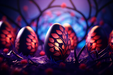 Futuristic Easter chocolate eggs with abstract floral illuminated patterns in neon pink and blue colors light with flowers. Trendy cosmic background. Festive Easter hunt concept.