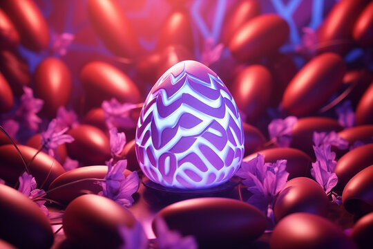 Futuristic Easter chocolate eggs with abstract floral illuminated patterns in neon pink and blue colors light with flowers. Trendy cosmic background. Festive Easter hunt concept.