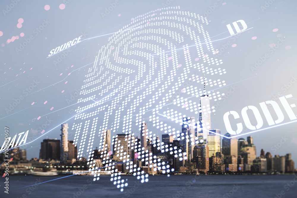 Leinwandbilder Multi exposure of virtual graphic fingerprint sketch on Manhattan cityscape background, fingerprint scan data concept