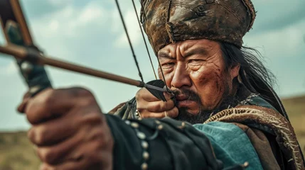 Fotobehang Mongol Archer's Legacy: A cinematic 32k UHD portrayal of a battle-hardened 26-year-old Mongol archer from Genghis Khan's era, illustrating the fearsome archery tactics on the vast steppes.   © Mr. Bolota